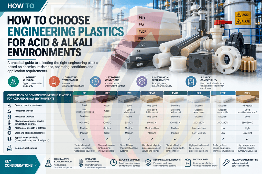 Guide on choosing engineering plastics for acid and alkali environments.